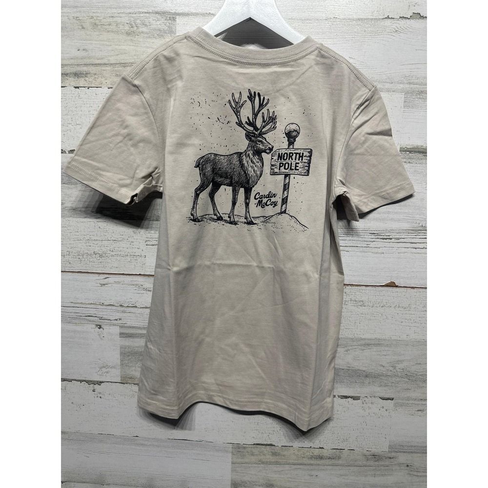 Cardin McCoy Pocket Tee Kids M 8/10 Tan North Pole Reindeer Graphic‎ NWT